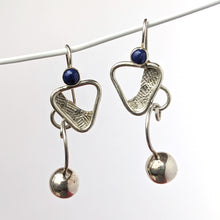 Load image into Gallery viewer, Lapis Lazuli triangle hook earrings with curved sphere