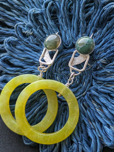 Moss agate and jade cirle hook earrings