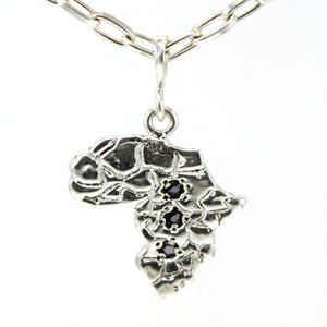 Sterling silver Africa continent pendant necklace with three embeded gemstones