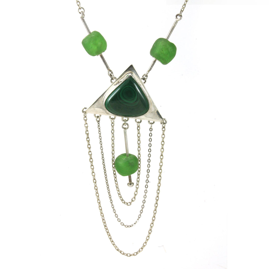Green Triangle Malachite Krobo Bead Pendant Necklace
