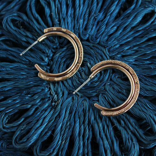Gold Filled Patterend Hoop Stud Post Earrings -Medium